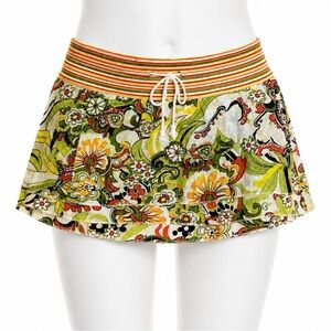 Y2K Boho Floral Tiered, Retro Paisley Print Drawstring, Micro Mini Skirt, Size M